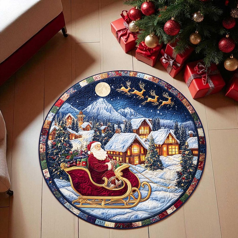 Outdoor Camping Decor Ideas - Santa Sleigh Christmas Round Doormat, Vintage